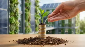 Mano che annaffia una piantina che cresce da monete, con pannelli solari sullo sfondo