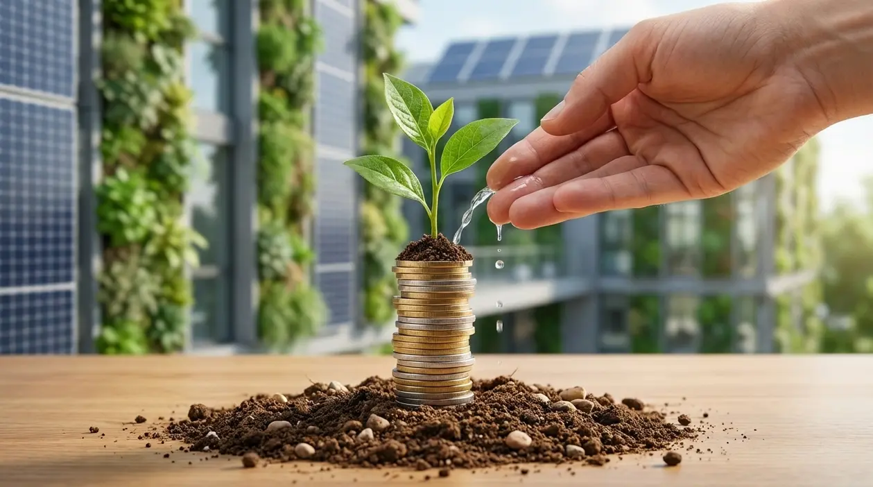 Mano che annaffia una piantina che cresce da monete, con pannelli solari sullo sfondo
