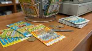 Gratta e vinci su un bancone di tabaccheria con monete e strumento per grattare accanto alla cassa