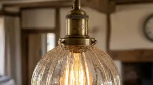 Primo piano di una lampada vintage in vetro soffiato con portalampada in ottone e simbolo inciso