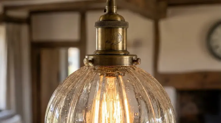 Primo piano di una lampada vintage in vetro soffiato con portalampada in ottone e simbolo inciso