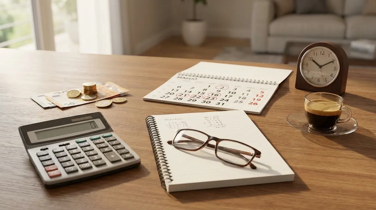 Calcolatrice, calendario, soldi e taccuino su un tavolo, simbolo di lavoro part time e pensione anticipata