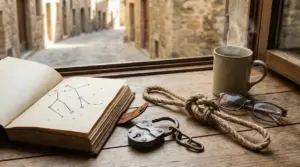 Libro con costellazioni, corda annodata e lucchetto su un tavolo vicino a una finestra, simbolo di libertà e legami