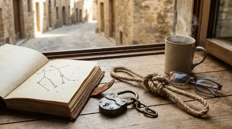 Libro con costellazioni, corda annodata e lucchetto su un tavolo vicino a una finestra, simbolo di libertà e legami