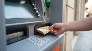Mano che ritira banconote da un bancomat durante un prelievo di contanti