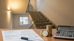 Scala condominiale illuminata con bolletta, monete e calcolatrice in primo piano