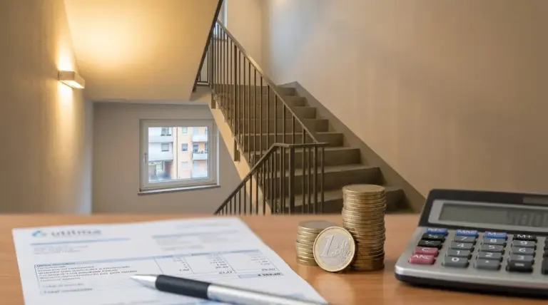 Scala condominiale illuminata con bolletta, monete e calcolatrice in primo piano