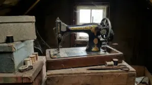Vecchia macchina da cucire d’epoca impolverata in soffitta, con rocchetti di filo e scatole vintage