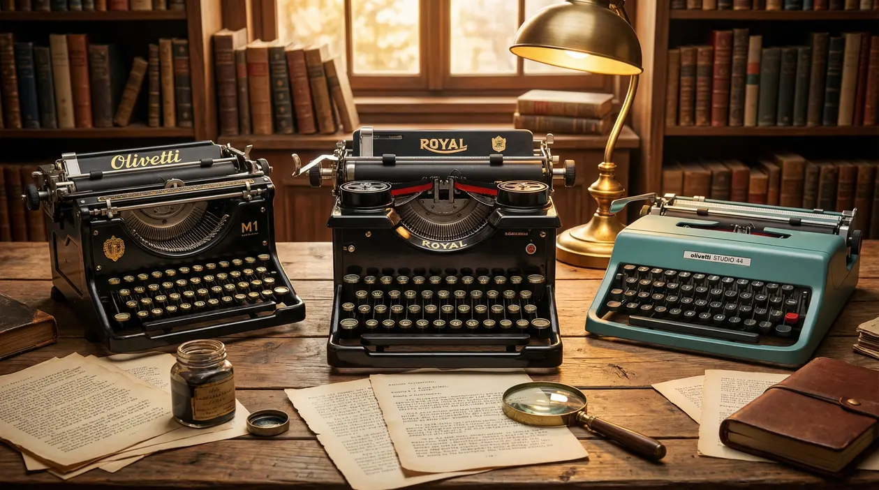 Tre macchine da scrivere vintage su un tavolo di legno in uno studio con libri e lampada