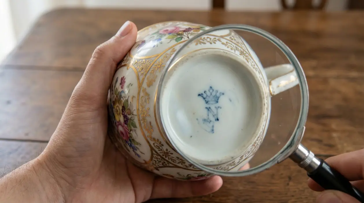 Mani che osservano con una lente il marchio sotto una tazza di porcellana decorata a mano