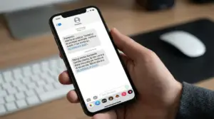 Persona con smartphone in mano mentre visualizza messaggi sospetti di phishing e truffa online