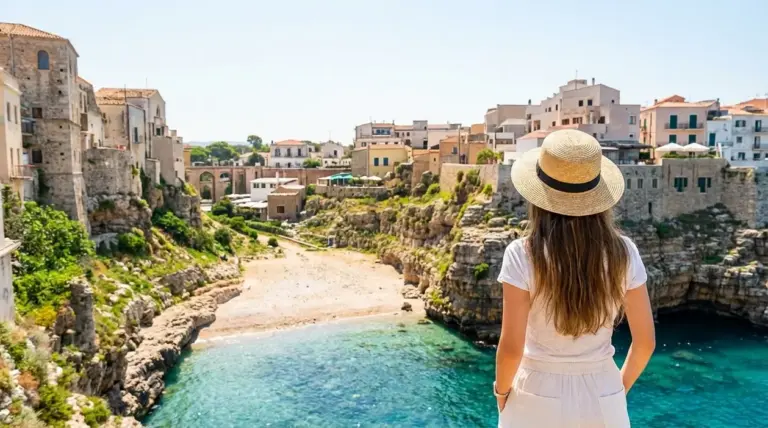 Donna di spalle davanti a una cala tra case in pietra e mare turchese in un borgo costiero del Sud Italia