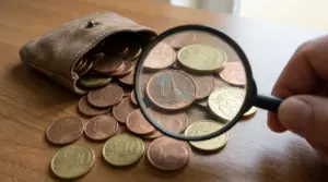 Lente d’ingrandimento su una moneta da 1 centesimo tra altre monete euro sparse accanto a un portamonete