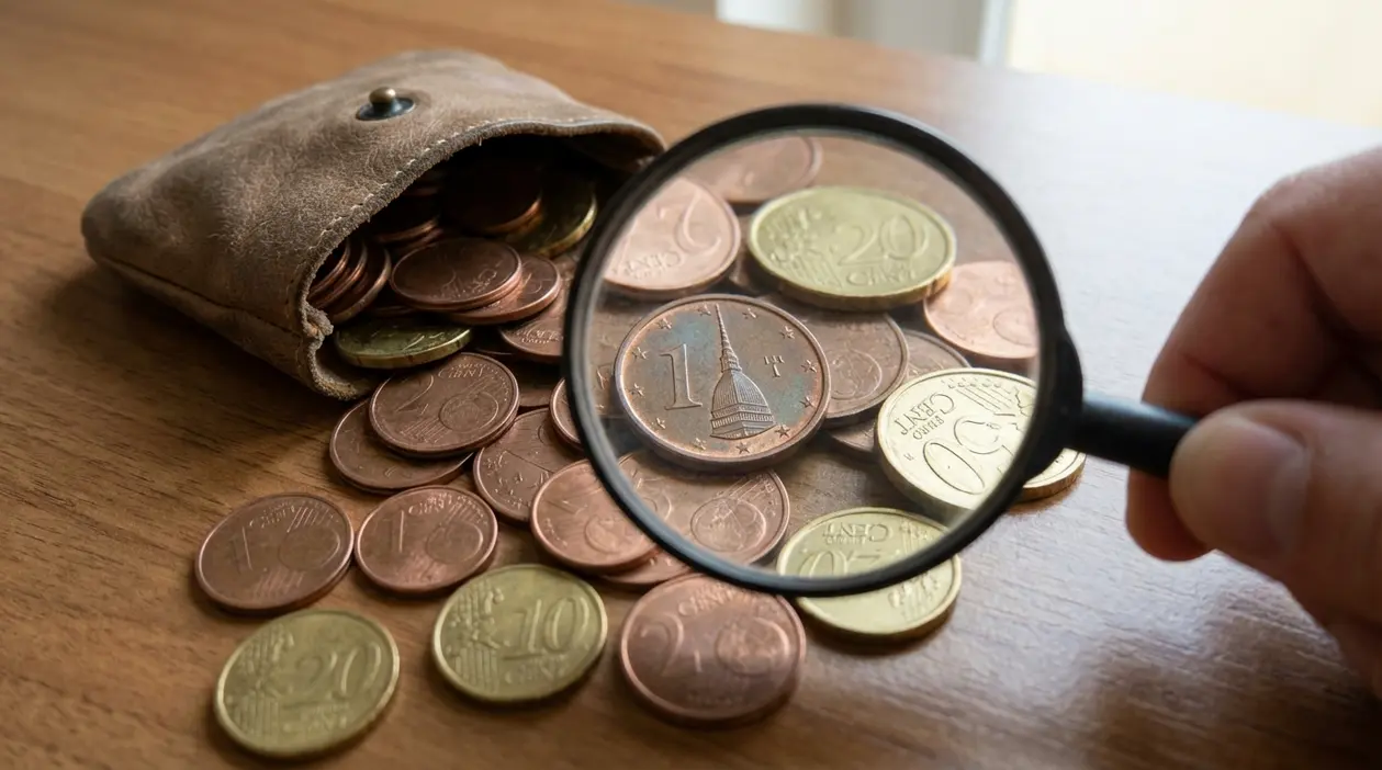 Lente d’ingrandimento su una moneta da 1 centesimo tra altre monete euro sparse accanto a un portamonete