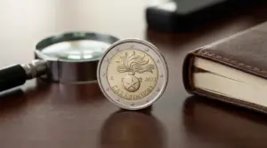 Moneta da 2 euro commemorativa dei Carabinieri del 2022 accanto a una lente d’ingrandimento e a un libro