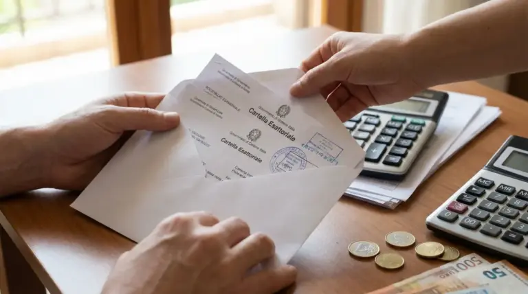Persona che riceve cartelle esattoriali in busta con calcolatrice, documenti e denaro sul tavolo