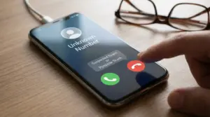 Smartphone con chiamata da numero sconosciuto e dito vicino al tasto di rifiuto su un tavolo