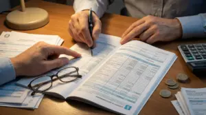 Due persone esaminano documenti finanziari con calcolatrice e monete su una scrivania