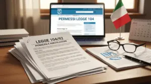 Documenti sulla Legge 104 e portale INPS aperto su un laptop, con bandiera italiana e calendario sulla scrivania