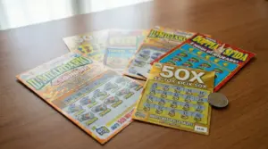 Diversi biglietti Gratta e Vinci su un tavolo con una moneta, tema nuove probabilità di vincita