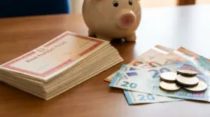 Buoni fruttiferi postali, salvadanaio e banconote in euro su un tavolo