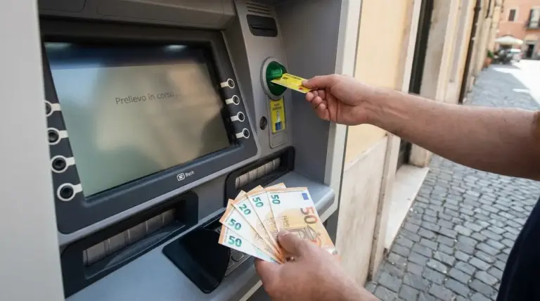 Persona al bancomat mentre inserisce la carta e ritira contanti in euro
