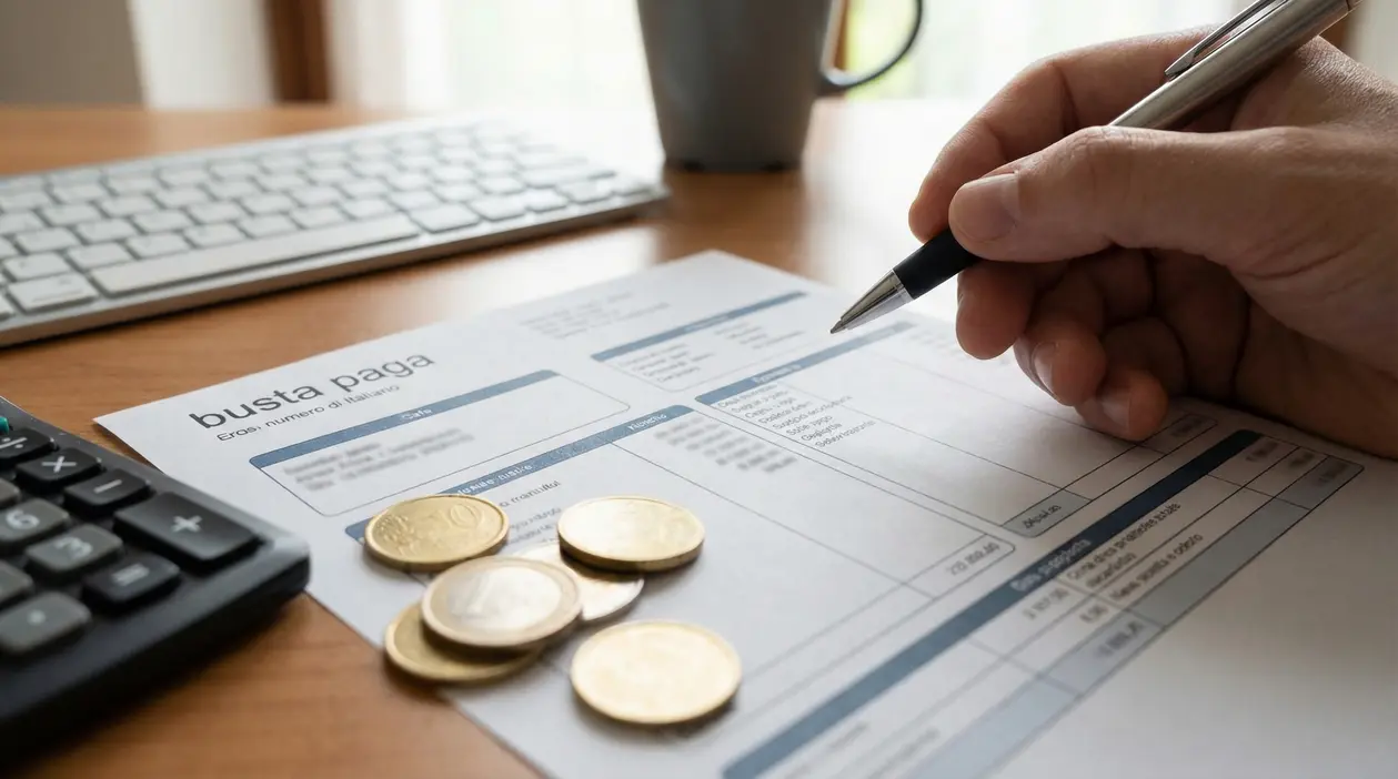 Mano con penna su una busta paga, con monete e calcolatrice sul tavolo