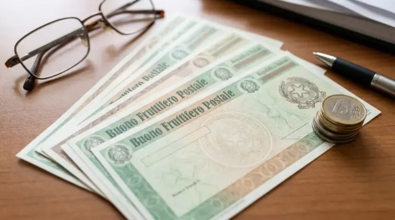 Buoni fruttiferi postali su una scrivania con monete, penna e occhiali