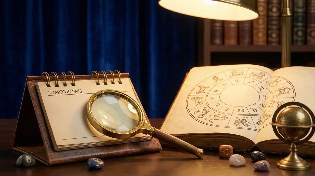 Calendario, lente e libro con simboli zodiacali su un tavolo, immagine per l’oroscopo di domani