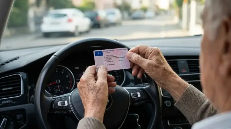Persona anziana al volante mostra la patente in auto, tema rinnovo patente dopo i 70 anni