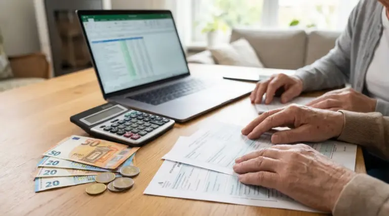 Due persone anziane controllano documenti, calcolatrice e soldi per stimare l’importo della pensione