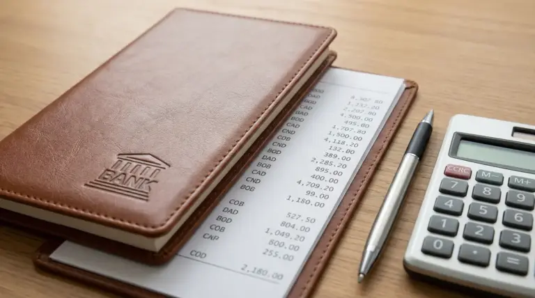 Libretto bancario con estratto conto, penna e calcolatrice su un tavolo