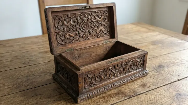 Antico portagioie in legno intagliato con coperchio aperto, appoggiato su un tavolo rustico
