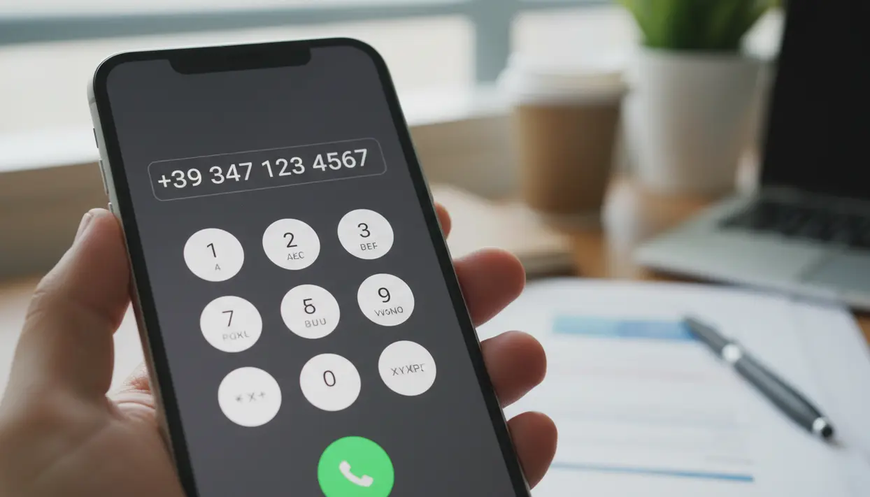 Smartphone con prefisso internazionale +39 sullo schermo durante la composizione di un numero di cellulare