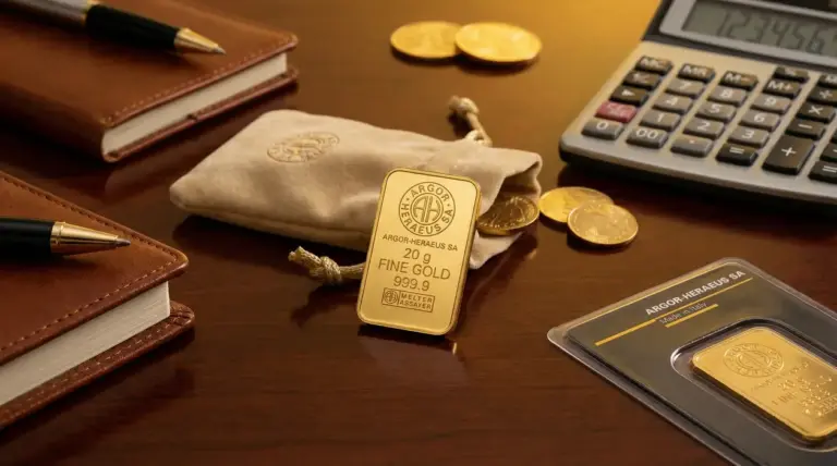 Lingotto d’oro da 20 grammi con monete e calcolatrice su una scrivania