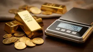 Lingotti e monete d’oro accanto a una bilancia digitale che indica 100 grammi