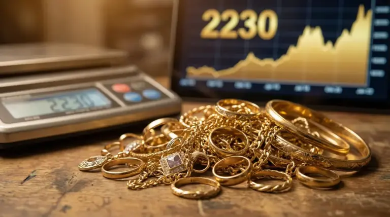 Gioielli in oro usato su un tavolo accanto a una bilancia e a un grafico del prezzo dell’oro in crescita