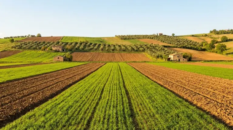 Panorama di terreni agricoli coltivati con campi a filari e casali in una zona collinare rurale