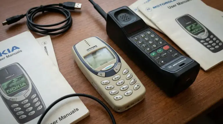Vecchi cellulari Nokia e Motorola su un tavolo con manuali, simbolo del valore dei telefoni vintage da collezione