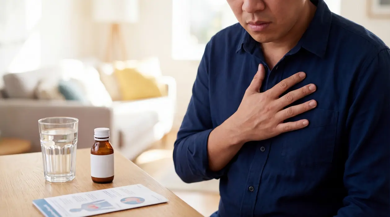 Persona con mano sul petto seduta a un tavolo con acqua e farmaco, sintomi di reflusso gastrico