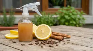 Spray repellente naturale con limone, cannella e chiodi di garofano su un tavolo all'aperto