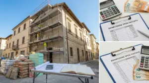 Rifacimento della facciata condominiale con ponteggi, operai e documenti per la ripartizione delle spese