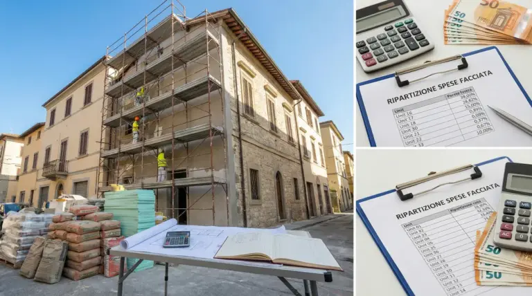 Rifacimento della facciata condominiale con ponteggi, operai e documenti per la ripartizione delle spese
