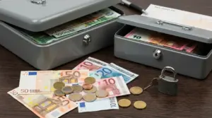 Cassette di sicurezza aperte con banconote e monete in euro su un tavolo, accanto a un lucchetto