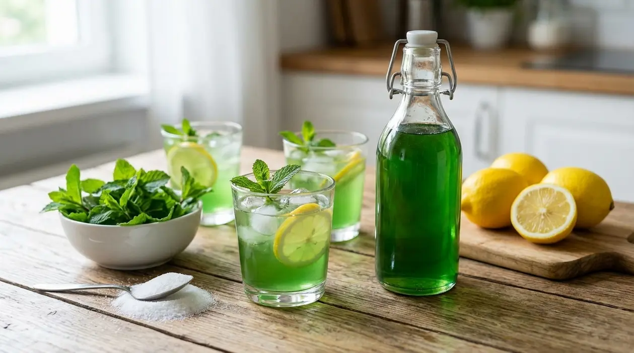 Bottiglia di sciroppo alla menta con bicchieri al limone, foglie di menta fresca, zucchero e limoni su un tavolo