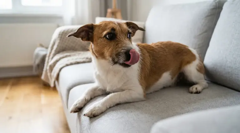 Cane sdraiato sul divano che si lecca il naso, possibile segnale di stress in casa