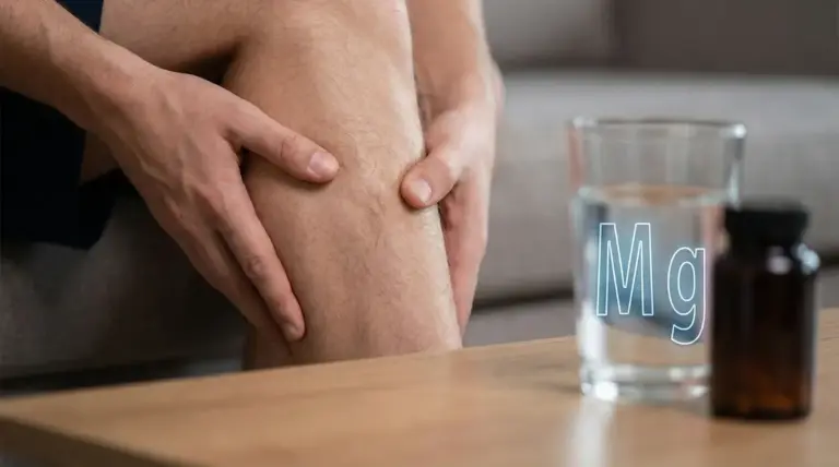 Persona che si tiene il polpaccio per un crampo, con bicchiere d’acqua e integratore di magnesio sul tavolo