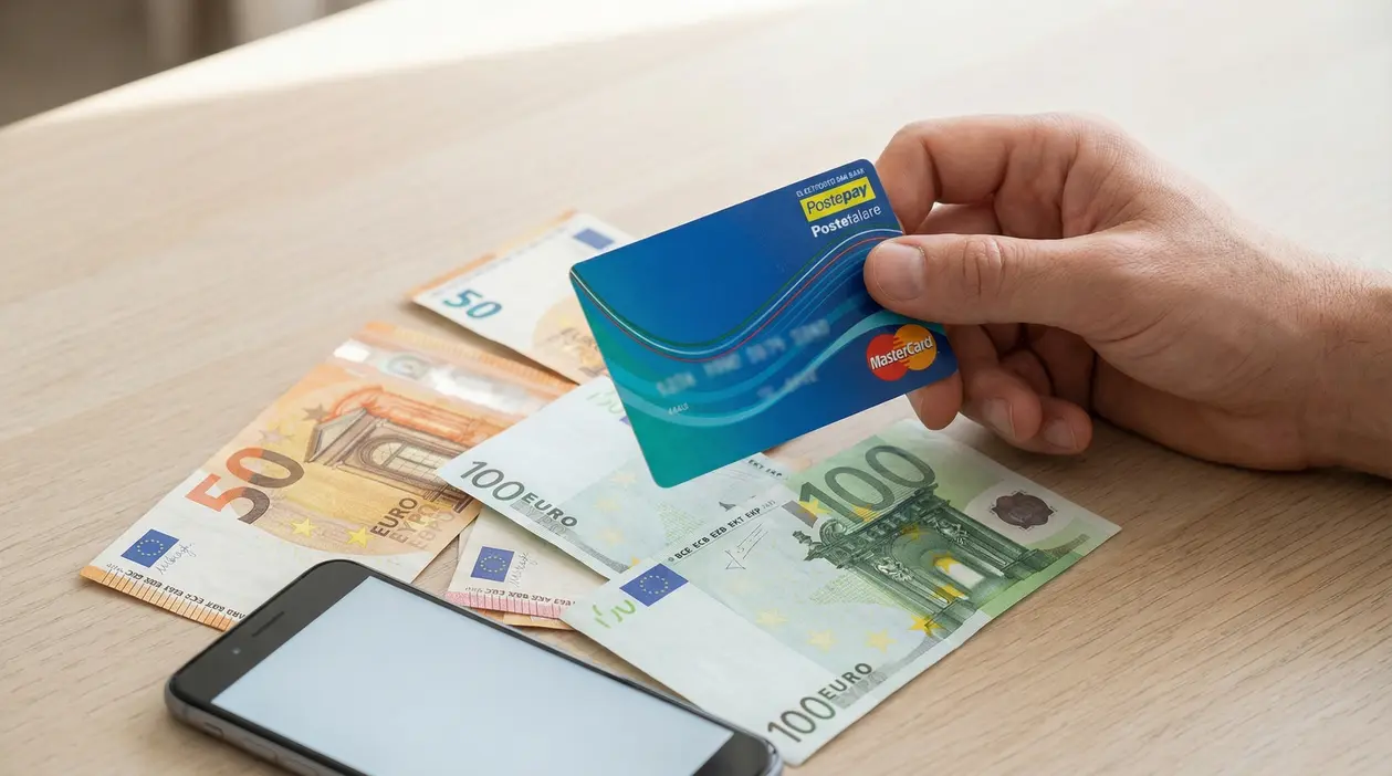Mano con carta prepagata sopra banconote in euro e smartphone, immagine legata alla social card da 1000 euro