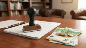 Timbro notarile su documenti e banconote in euro su un tavolo, simbolo delle spese notarili per comprare casa