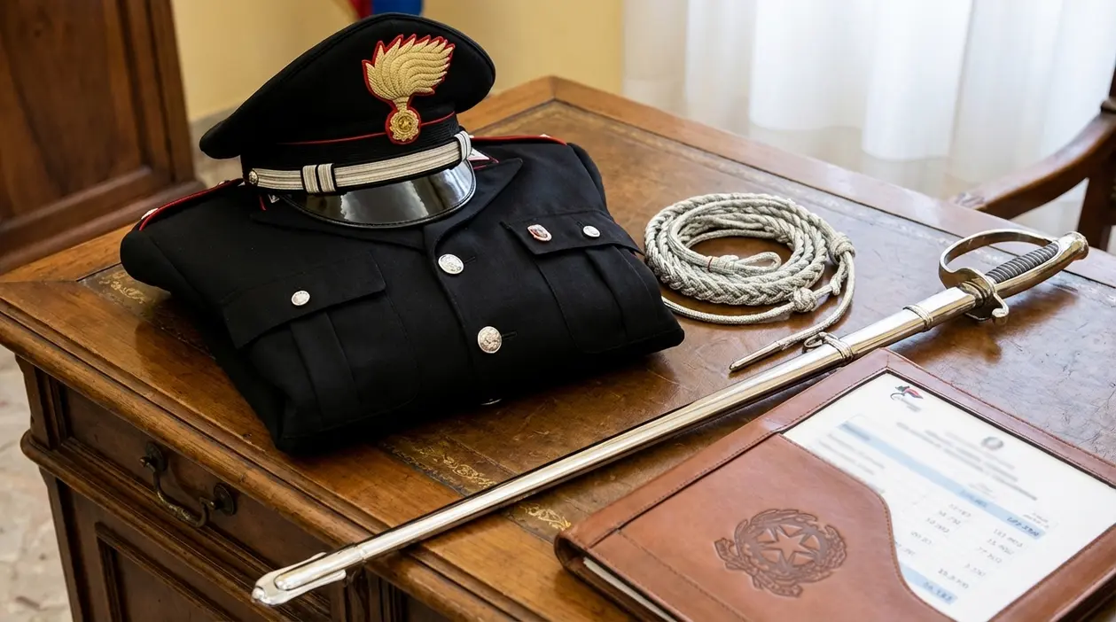 Uniforme e berretto dei Carabinieri con sciabola e documenti su una scrivania in legno